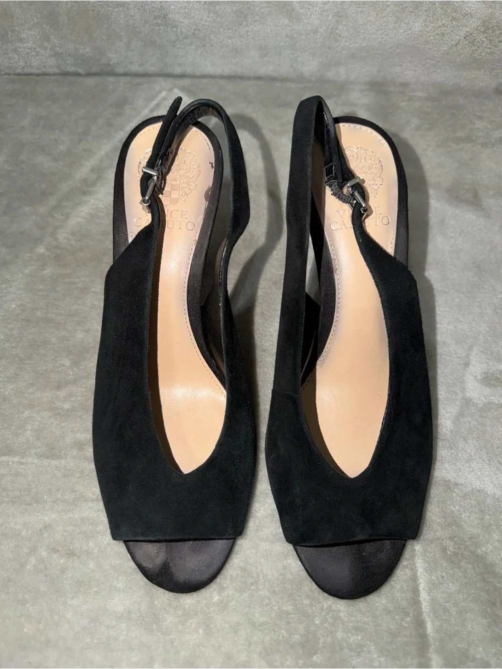 Vince Camuto Black Suede Paelinna Slingback Peep Toe Cone Heels Size 9